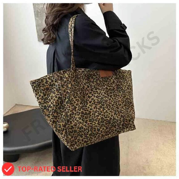 Leopard Print Canvas Tote Bag Large Capacity Crossbody Minimalist Chic - Picture 3 of 8